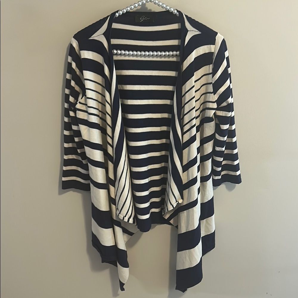 Cyrus Open Front Blue Cream Striped Cardigan. Size Small